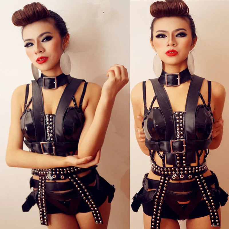 Black Punk Style Rivets Fashion Sexy Luxurious Dance Costumes Set Nightclub Bar Ds Dj Female Singer Dance Performance Stage Wear (1)