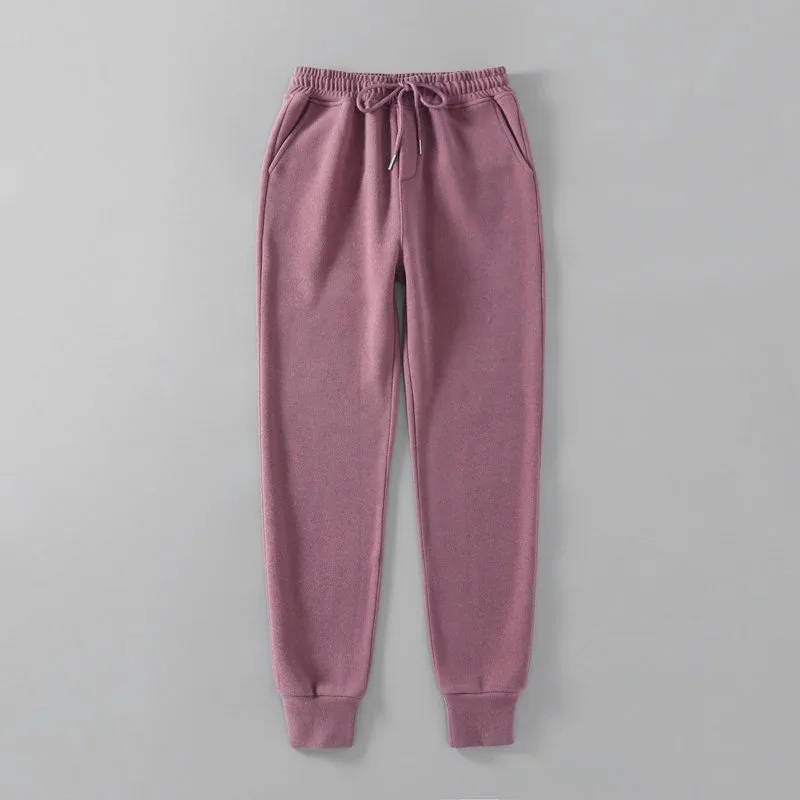 Pink Pantalon femme/новые женские брюки-карго с кулиской, зимние флокированные брюки, брюки с высокой талией, однотонные свободные штаны, спортивные штаны - Цвет: Pink