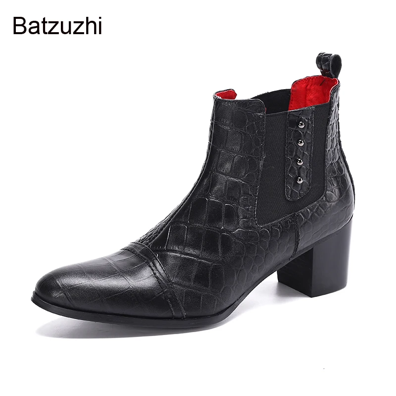 Batzuzhi Italian Type Men's Boots Shoes Pointed Toe Black Ankle Boots Men Slip on 7cm High Heel Business/Party/Wedding Botas!