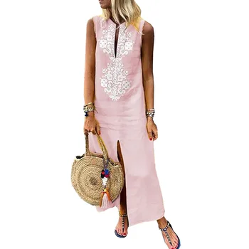 

Casual Print Dress For Women Straight Sleeveless Women Dresses V-neck Ankle-length Summer Clothes For Women