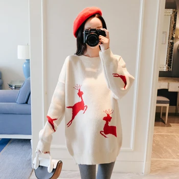 

6001# Christmas Deer Knitted Maternity Sweaters Autumn Winter Korean Fashion Pullover Clothes for Pregnant Women Loose Pregnancy