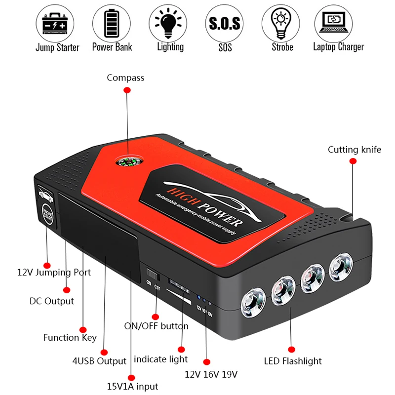 

Car Jump Starter Portable 4 Ports USB Car Jump Starter Power Bank Battery Charger Starting Device For Petrol Diesels