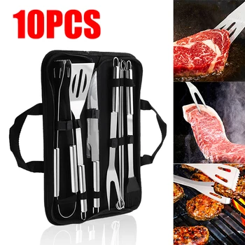 

10pcs Stainless Steel Barbecue Tools Barbecue Grill Cooking Meat Vegetable Clip Fork Set Outdoor Camping BBQ Tools 1 Set