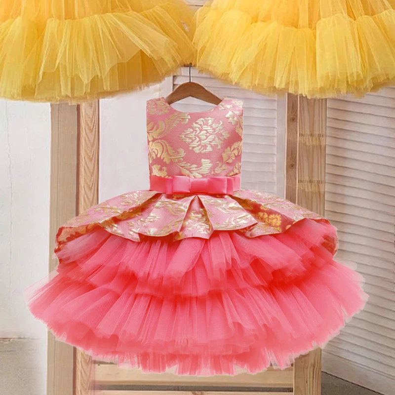 Платье для свадебной вечеринки с цветочным узором для девочек кружевное платье-пачка в стиле Лолиты с бантом для девочек, платье для школьной вечеринки, платье для сцены для детей возрастом от 3 до 12 лет, Vestidos