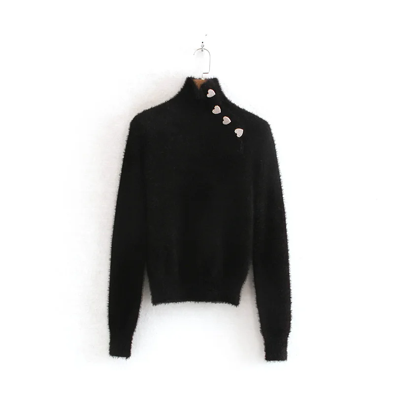 Black Woman Sweaters Arvinxia ZA модные однотонные женские свитера с высоким воротом и пуговицами в форме сердца, сексуальный тонкий женский свитер, новая длинная одежда с рукавами, женские пуловеры - Цвет: Black Woman Sweaters