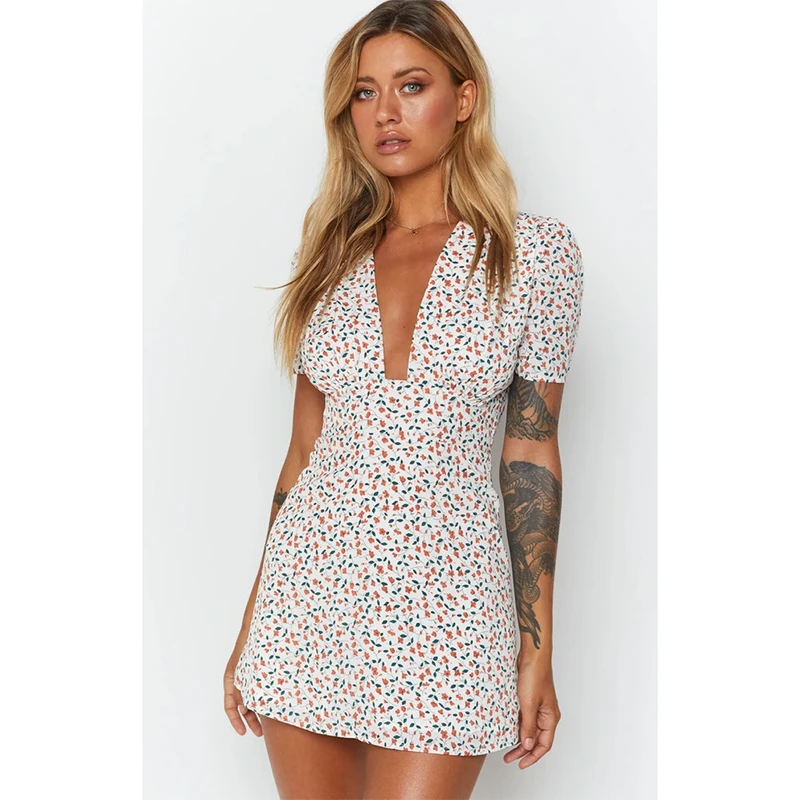 женское платье Glow Girl Dress White and Orange Floral female dress plunging neckline flattering a-line skirt mini dress femme wedding guest dresses