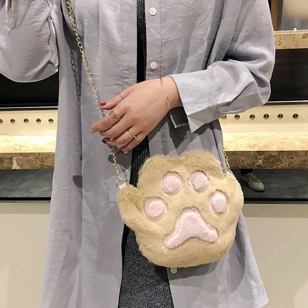 Плюшевая молния мультфильм Милая кошачья лапа женские сумки Наплечные сумка-мессенджер с цепочкой студенческие телефонные сумки сумка женская через плечо 20