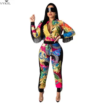 

Women Outfits Printed Tassel Two Piece Set Long Sleeve Coat With Zipper And High Waist Pencil Pants Suits Party Winter Outfits