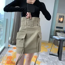 Осенняя Новая женская юбка с поясом в гонконгском стиле, ретро посылка, высокая талия, большие карманы, юбка