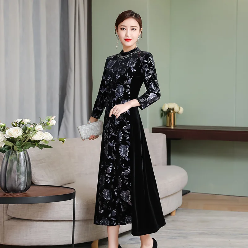 

Gold Velvet Dress Spring 2019 New Style WOMEN'S Dress Black And White with Pattern Elegant over-the-Knee Long Skirts Printed Bas