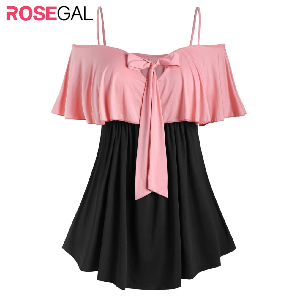 

ROSEGAL Plus Size Two Tone Bowknot Ruffled T Shirt Spaghetti Strap Tee Half Sleeve Women'S Plus Size T-Shirts 2020 Long Shirt