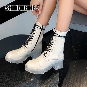 

fashion Boots Ladies Genuine Leather Platform Boots Winter Boots Female Motorcycle Shoes Women Cross straps Boots 2020 New v760