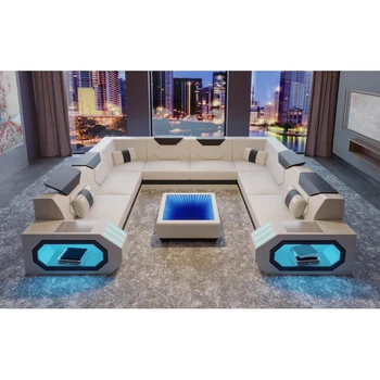 

modern european luxury living room furniture U shaped sofa with led light coffee table