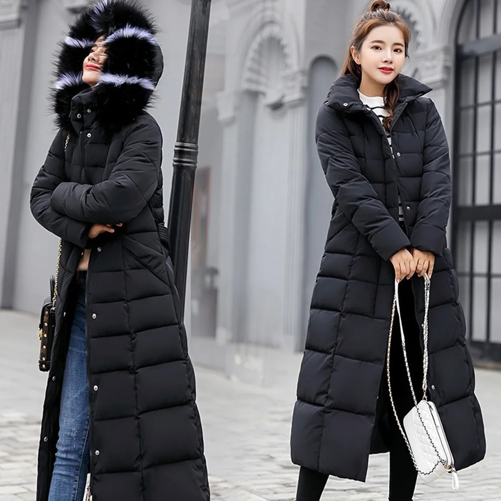 Модное зимнее пальто, женские куртки, толстые пуховики, большой меховой пояс, с капюшоном, хлопковые длинные пальто, теплая ветровка, женская тонкая верхняя одежда - Цвет: Black