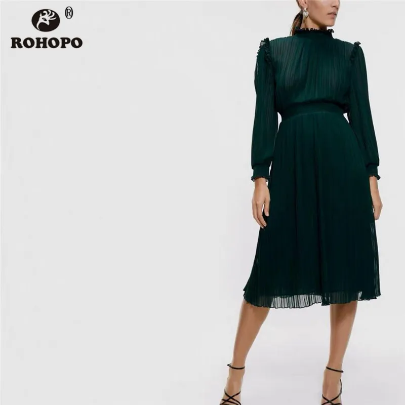 

ROHOPO Semi Turtleneck Overlocked Necklin Green Chiffon Midi Dress Back Buttons Closure Ribbed Solid Autumn Holiday Vestido 9428