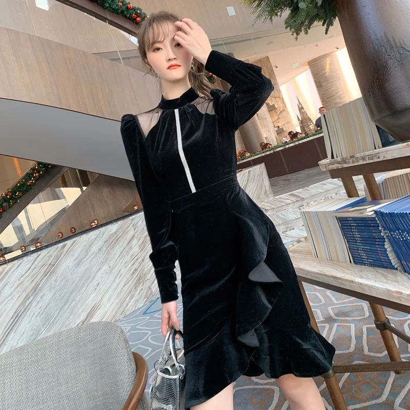 

Vintage Elegant Mesh Patchwork Ruffles Velvet Dress Long Sleeve Stand Collar Party Evening Dress Spring High-end Women Dress