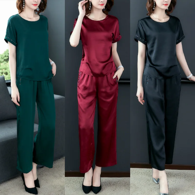 

Heavyweight Silk Loose Pants WOMEN'S Suit Two-Piece Set-Style Mulberry Silk Elegant Short-sleeved Shirt 2019 Spring And Summer