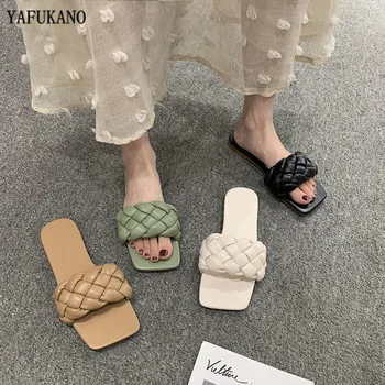 

2020 New Brand Slippers Weave Leather Women Sandal Open Toe Flat Casual Slides Summer Outdoor Beach Female Flip Flops