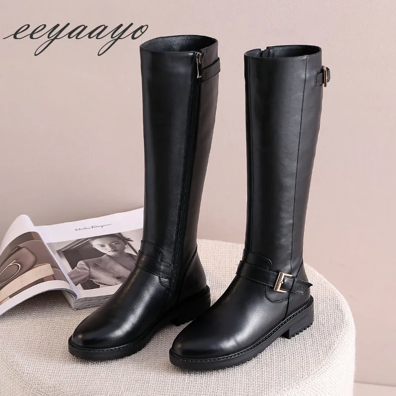 New Genuine Leather Winter Women Knee-High Boots Middle Heel Round Toe Zipper Fashion Women Shoes Black Motorcycle Boots