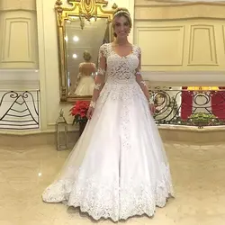 Прозрачная кисея, тюль сзади кружева линии Свадебные платья Vestidos De Novia 2019 Длинные рукава с аппликацией Дешевое платье невесты Robe De Mariee