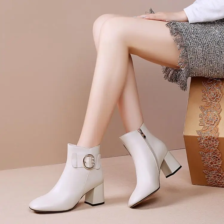 

High heels women leather thick with short boots middle school with diamond single head layer cowhide boots 6.5 cm