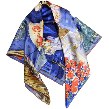 

Chinese Natural Silk Scarf For Women 100% Real Silk Bandana Luxurious Large Square Wrap Shawl Gift For Lady Oil Painting