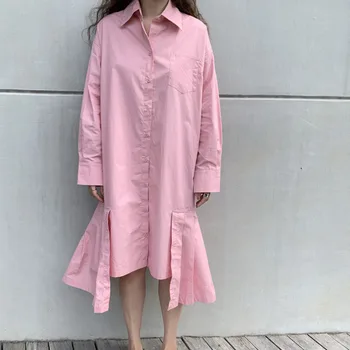 

LANMREM 2020 Spring Summer New Arrivals Turn Down Collar Full Sleeve Solid Pattern Women Casual Patchwork Irregular Dress AW727