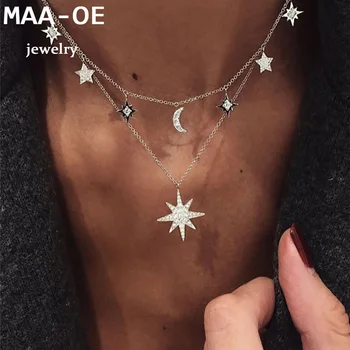 New 2020 Fashion Gold Crystal Sun Moon Star Pendant Necklaces For Women Necklace Multi Level Female Boho Vintage Jewelry Gift