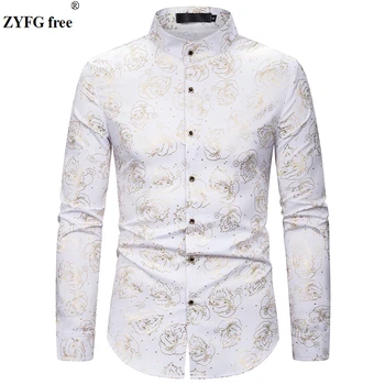 

2020 spring men long sleeve shirt mens fashion casual style stand neck shirts Flower print for men Tops EU plus size shirt