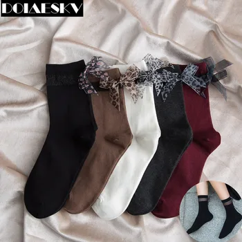 

DOIAESKV Fashion 2019 New Women Lovely Crew Socks Christmas Girls Mesh Socks With Cute Leopard Bow Ladies Socks Cotton EU 35-40