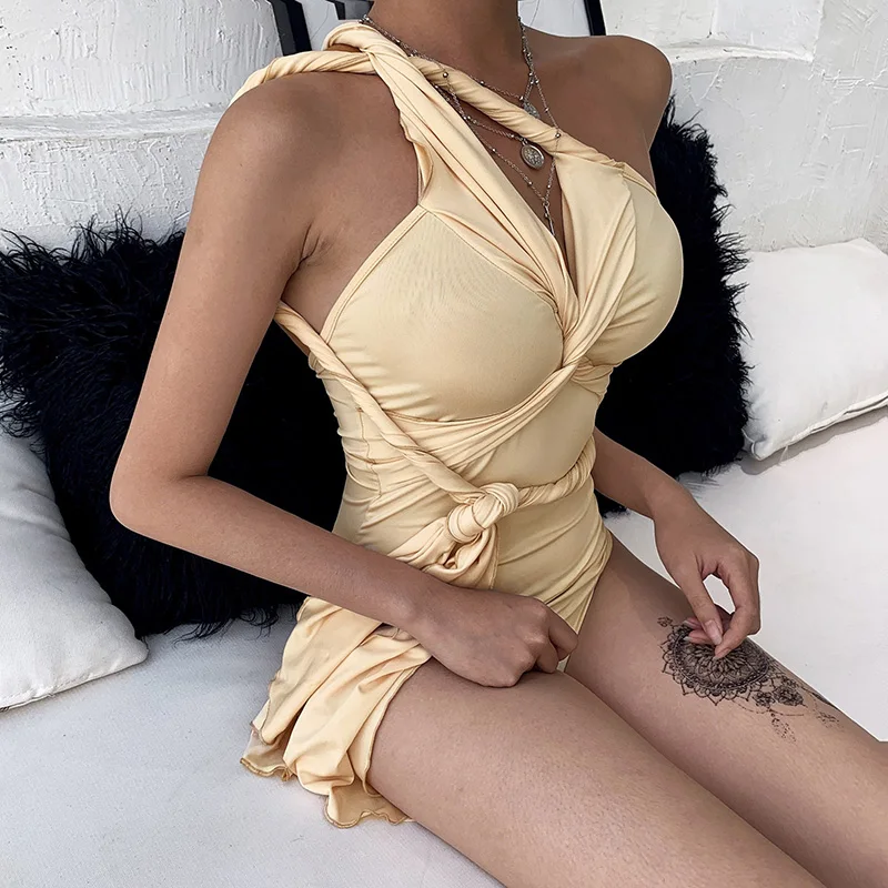 WannaThis, абрикосовое облегающее боди с завязками спереди, эластичное, однотонное, необычное, облегающее, с оборками, без рукавов, летний сексуальный женский комбинезон с v-образным вырезом