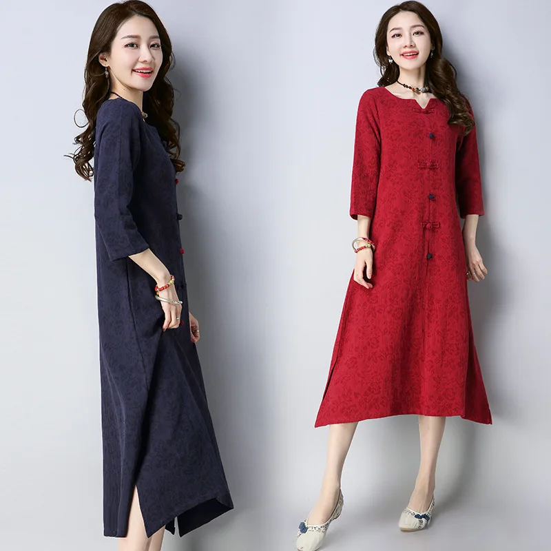 

2019 Ethnic-Style Autumn And Winter New Style Cotton Linen Jacquard Texture Frog Loose And Plus-sized Dress Women's