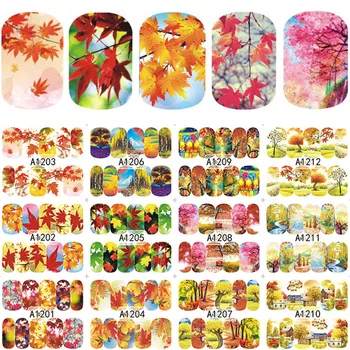 

12pcs/set Autumn Style Yellow Red Maple Leaf Labels Nail Sticker Water Transfer Nail Art Stickers Nail Decals Wraps Decor