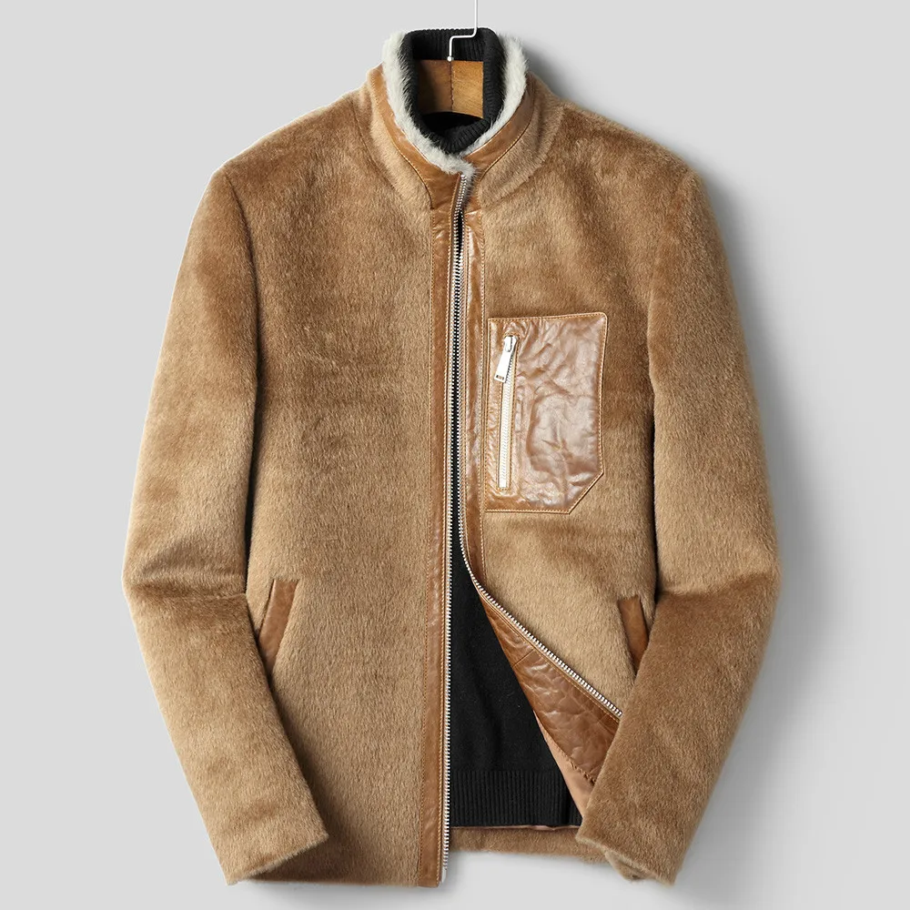Yellow brown8918 Шерстяное пальто для мужчин Vicugna куртка короткое корейское Норковое Пальто с меховым воротником мужские пальто и куртки Erkek Kaban F-XK-8919 KJ1429 - Цвет: Yellow brown8918