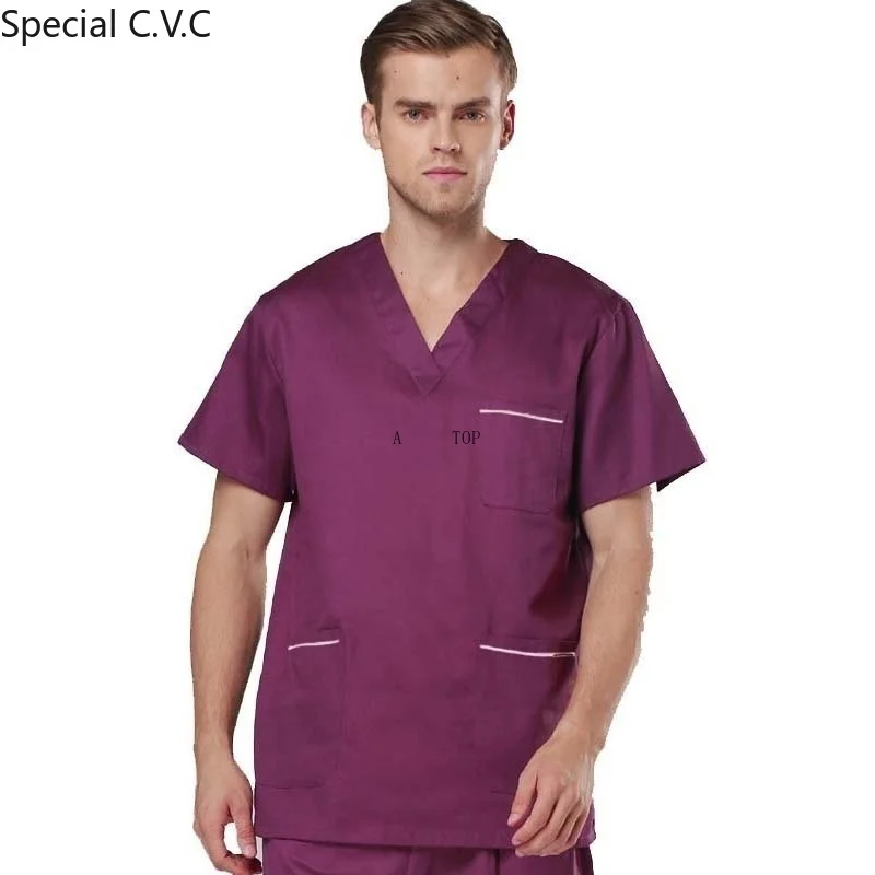 Men's Scrub TOP Color Blocking Design Short Sleeved V-collar Shirt Pure Cotton Medical Uniforms with Side Vent ( Just A Top)