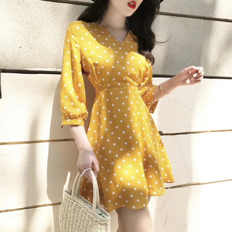 

Summer Chiffon Dress Boho Style Beach Dress Fashion V Neck Polka Dot A Line Party Dress Sundress Vestidos