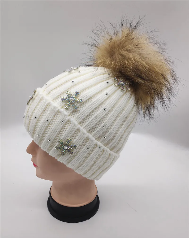 Зимние шапки из натурального меха с помпонами, вязаные хлопковые шапки Skullies, женские толстые теплые зимние вязаные шапки на Рождество