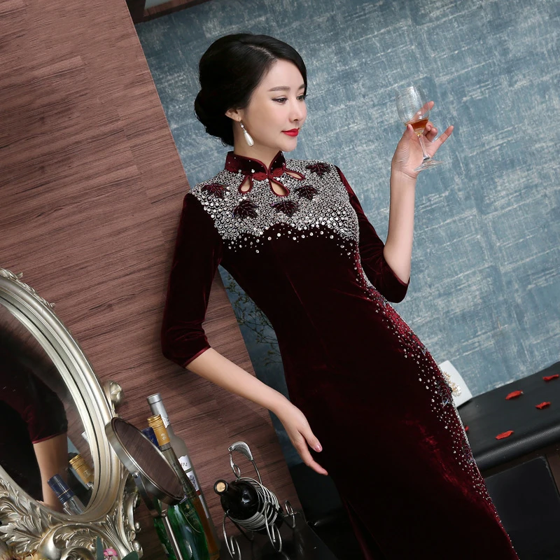 Ручной работы из бисера Винтаж Vestidos Для Леди Новинка Роскошные Qipao платье, вечерний наряд китайские платья с воротником «Мандарин», сексуальная Cheongsam