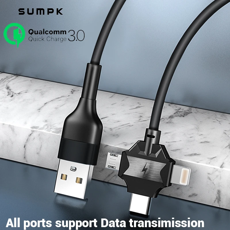 3in1 Мульти USB кабель светодиодной подсветкой Type C микро 8 штифтов проволочный быстрой зарядки QC3.0 для iPhone Xiaomi