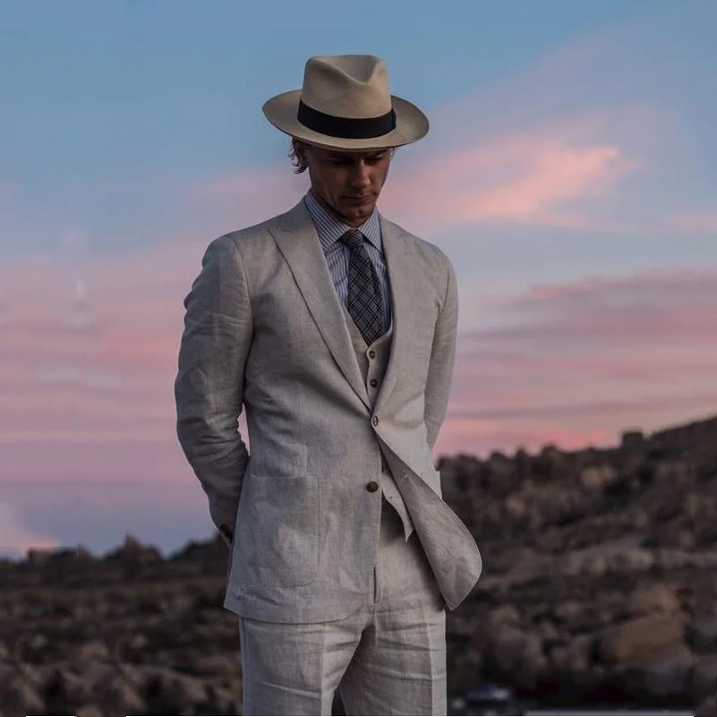 Gray Linen Wedding Suits 2020 Summer Beach Groom Tuxedos Slim Fit 3 PCS