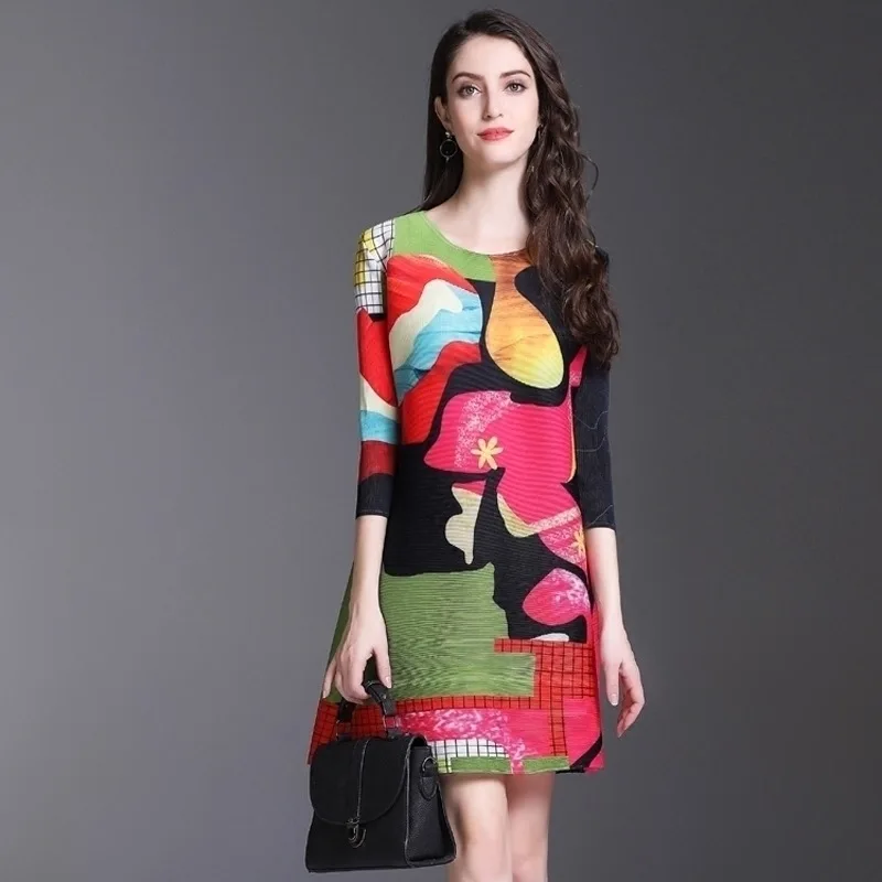 

Plus Size Print Dress A-Line O-Neck Knee-Length Miyake Pleats Please Dress New Fashion Three Quarter Sleeve Summer Dress Women
