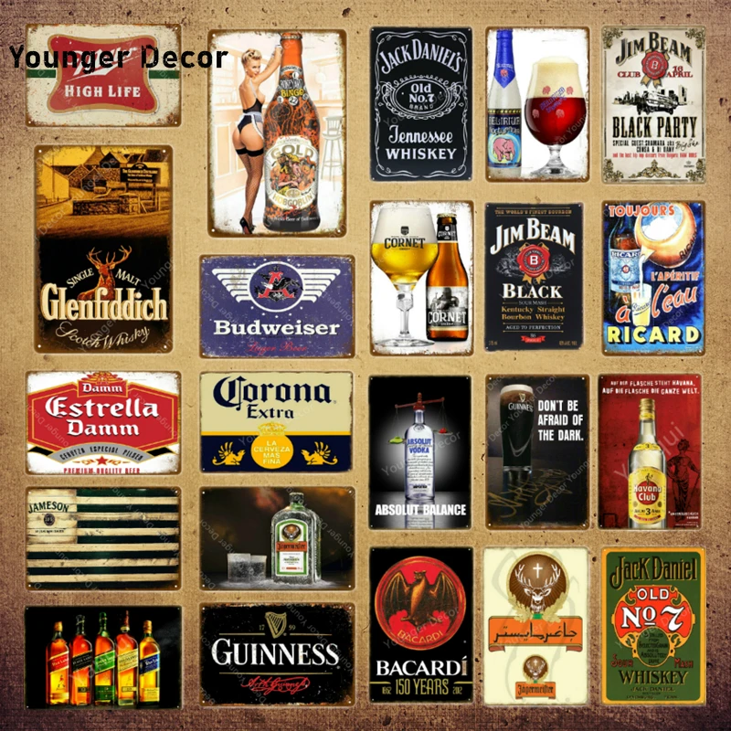 

Classic Wine Whiskey Metal Signs Estrella Damm Beer Plaque Vintage Bar Pub Club Man Cave Wall Decor Black Party Poster YI-071