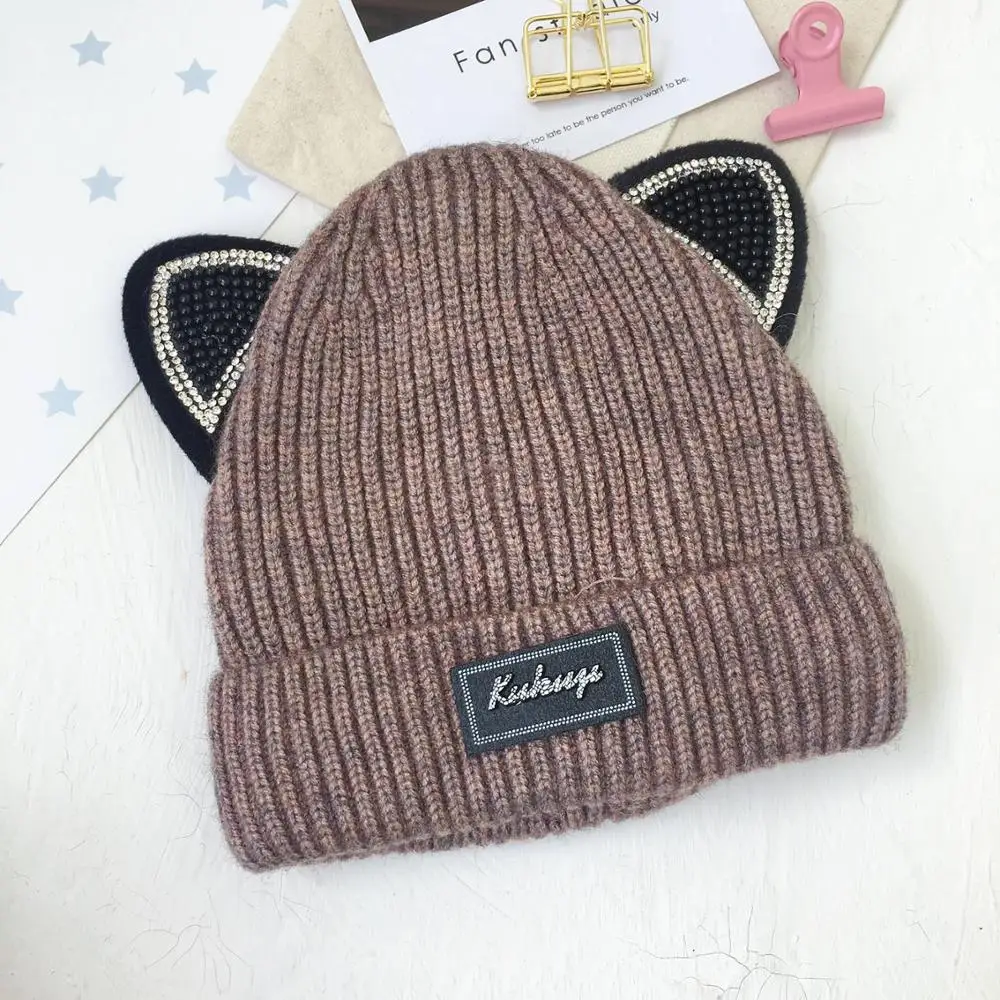 Детские шапочки Skullies, шляпы для мальчиков и девочек, зимняя однотонная шапка с кошачьими ушками, теплые плотные эластичные модные аксессуары - Color: 2