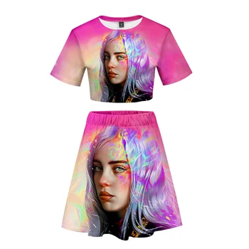 

Billie Eilish Two Piece Sets Fashion Hipster Street Summer Navel Short Sleeve+Short Skirt Harajuku Bangtan Boys Casual Sets