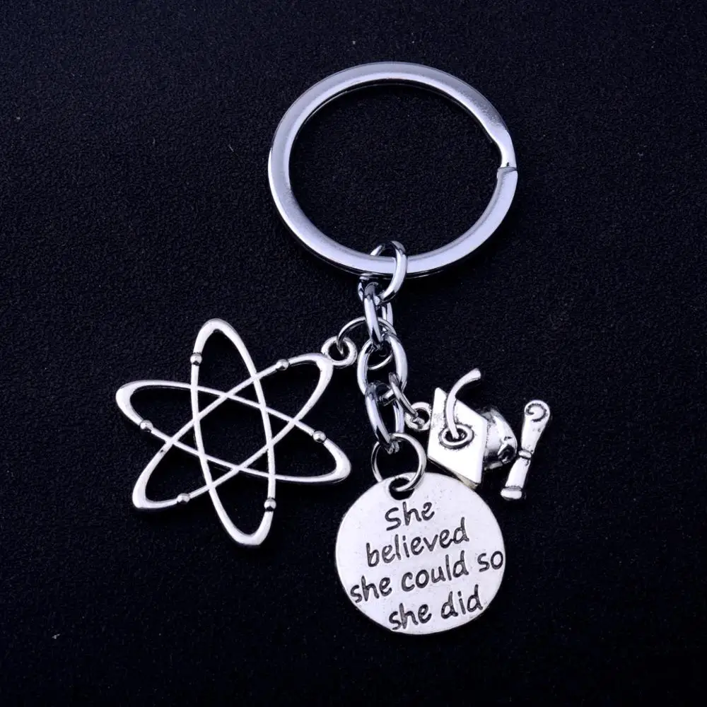 

12PC Chemical Molecule Keychains Bachelor Cap Charm Pendant Keyrings She Believed She Could So She Did Women Graduation Gift