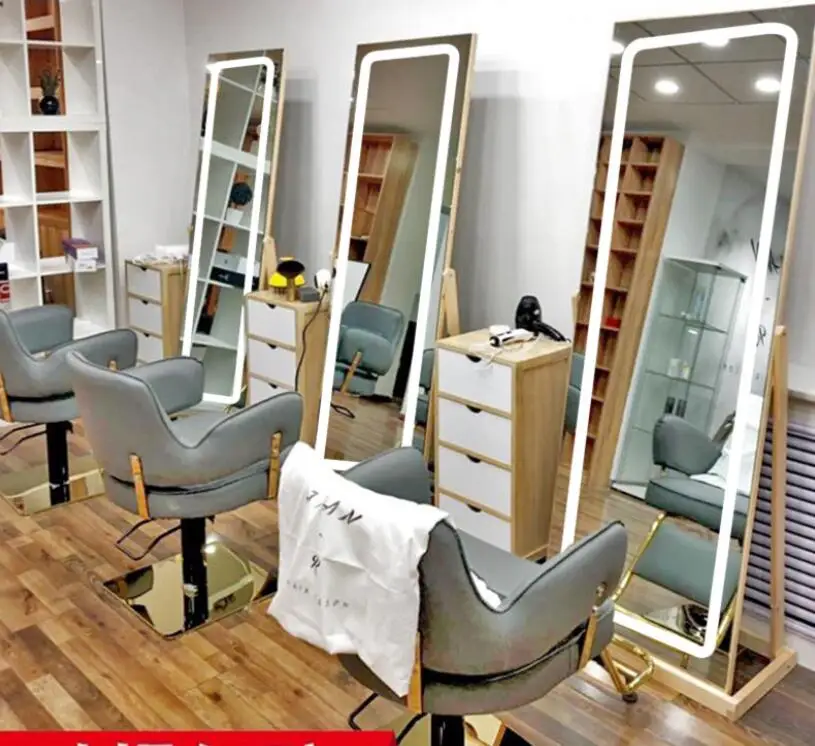 LED net red hairdressing mirror table barber shop special mirror simple cabinet one hair salon single-sided floor mirror