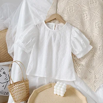 

2020 Summer Korean Style Lace Hollow Baby Girls Cotton Blouses Puff Sleeve White Tops Toddlers Kids Shirts