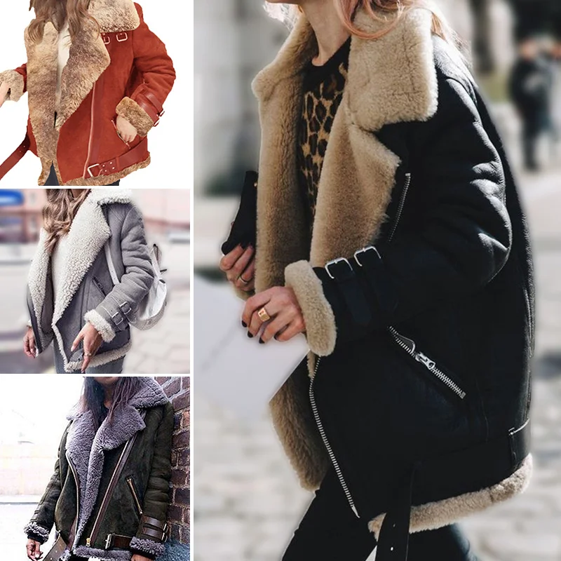 Зимнее пальто, искусственная кожа, замша, мех ягненка, куртка, пальто для женщин, мото молния, замшевая куртка, Женское пальто, повседневное, с отложным воротником