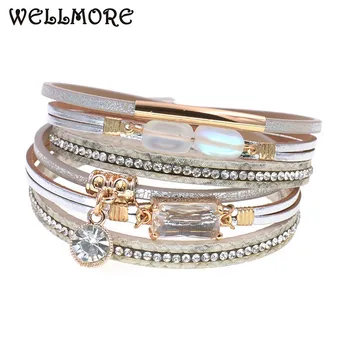 WELLMORE NEW fashion glass bracelet leather charm bracelets for women Luxury Wedding Statement Jewelry Wholesale drop shipping