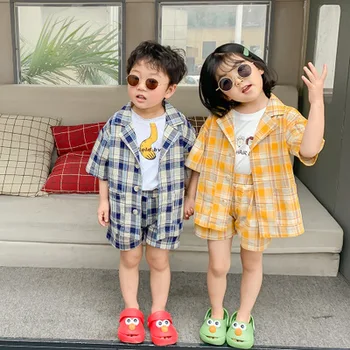 

3-8 years children's clothing summer new boys and girls summer children's suits childrens colorful plaid shorts two-piece set